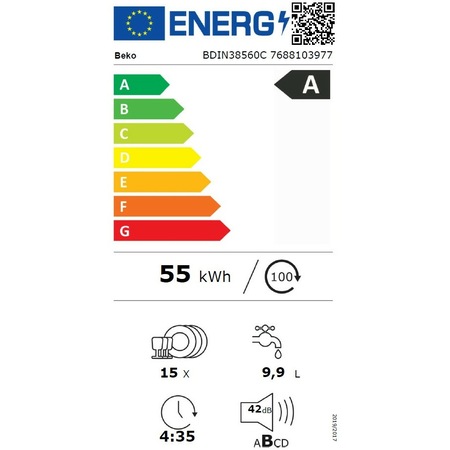 Masina de spalat vase incorporabila Beko BDIN38560C, 15 seturi, 8 programe, HygieneIntense, SteamGloss, TrayWash, CornerIntense, Motor ProSmart Inverter, SelfDry, Clasa A, 60 cm