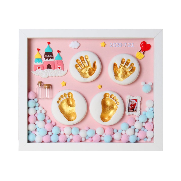 Комплект фоторамка с отпечатък на ръце и крачета, Axroad Mall, 0-3 години, Безопасност и здраве, С подаръчна кутия, За деца, рожден ден на новороденото или подарък за спомен за родилката, 28*33*3,8 см, Розов