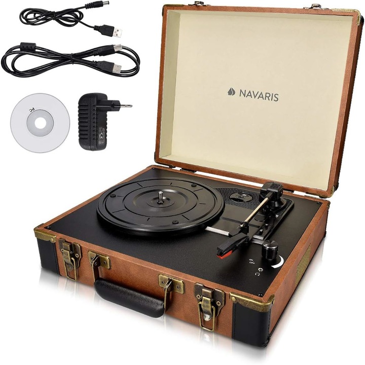 Pick-up Retro Case Navaris, Грамофонен плейър, Вградени високоговорители, RCA, 3,5 мм, AUX, USB порт за компютър, 3 скорости