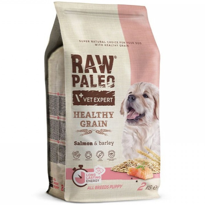 Hrana uscata pentru caini Raw Paleo Healthy Grain, Somon & Orz, Puppy, 2Kg