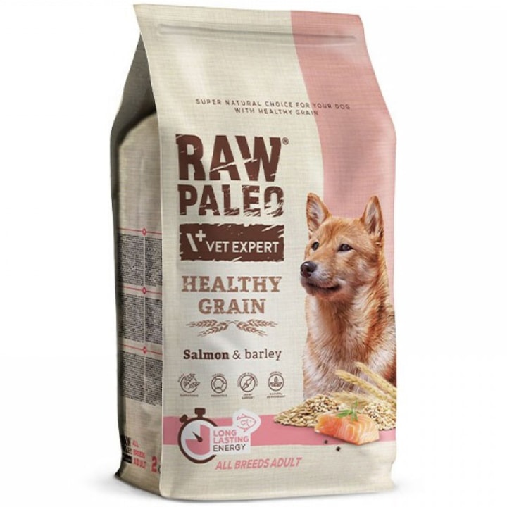 Hrana uscata pentru caini Raw Paleo Healthy Grain, Somon & Orz, Adult, 10Kg
