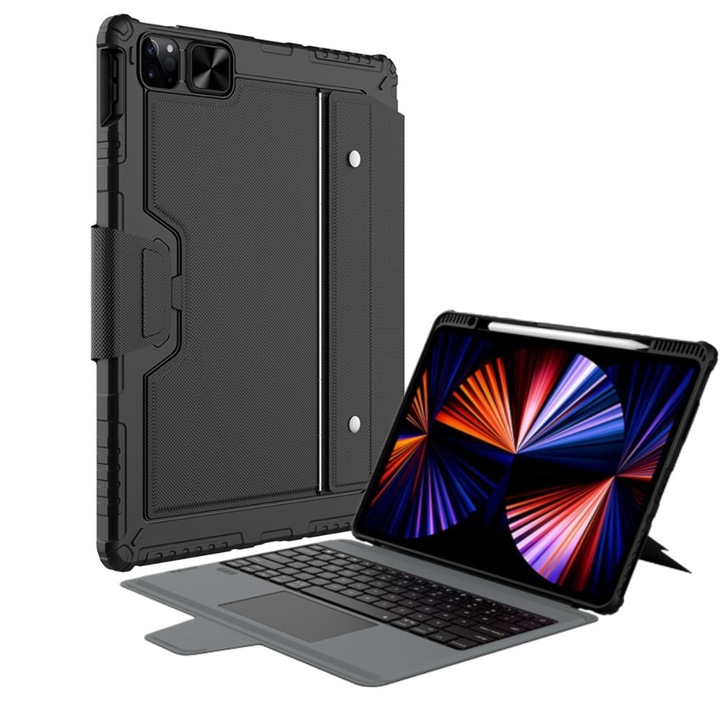 Husa tableta, Nilkin, Compatibila cu iPad Pro 12.9 2020/2021/2022, Cu tastatura, Negru