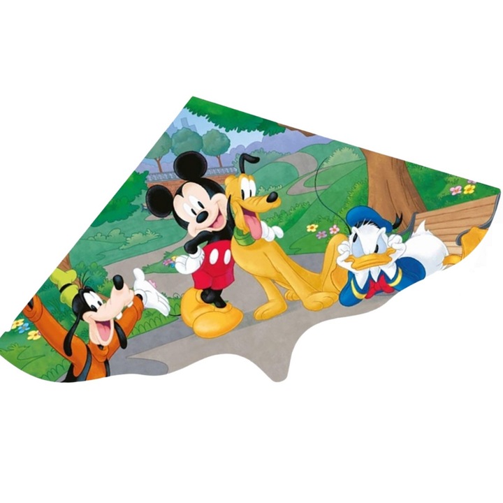 Zmeu pentru copii, Mickey Mouse, Donald Duck, Goofy, Pluto, 63x115x0,5cm, peste 4 ani, Vant 20-40km, Folie PE, Maner cu sfoara, Multicolor