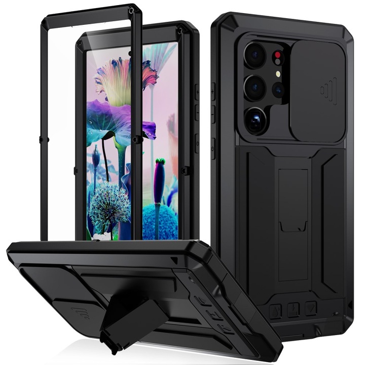 Husa blindata, R-JUST, Metal / Sticla securizata / TPU, Pentru Samsung Galaxy S23 Ultra, Negru