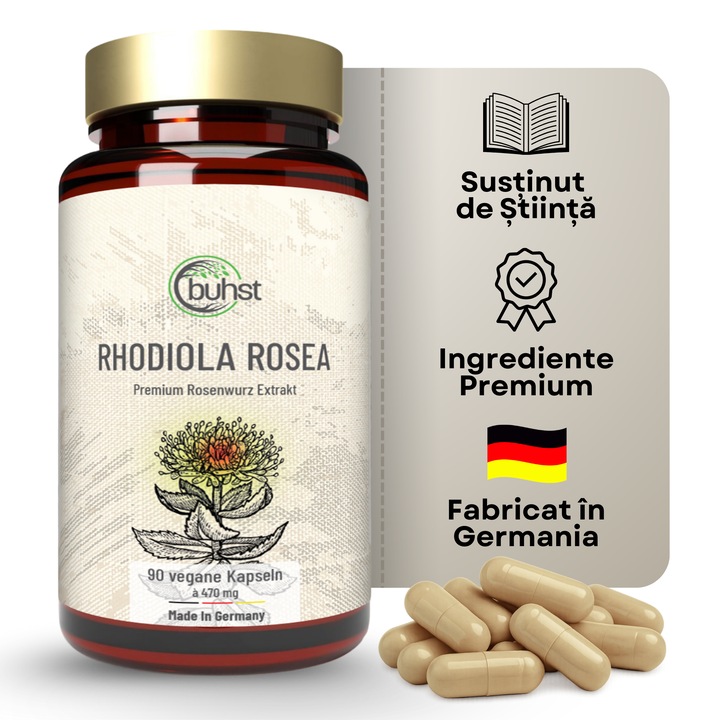 BUHST Rhodiola Rosea Étrend kiegészítő kapszula, 470 mg, 90 db, vegán, Német gyártmány, Nagy adag 3 hónapra, Természetes adaptogén, stresszel szembeni ellenállás, fizikai és mentális regeneráció, energia, immunitás, koncentráció és érzelmi egyensúly