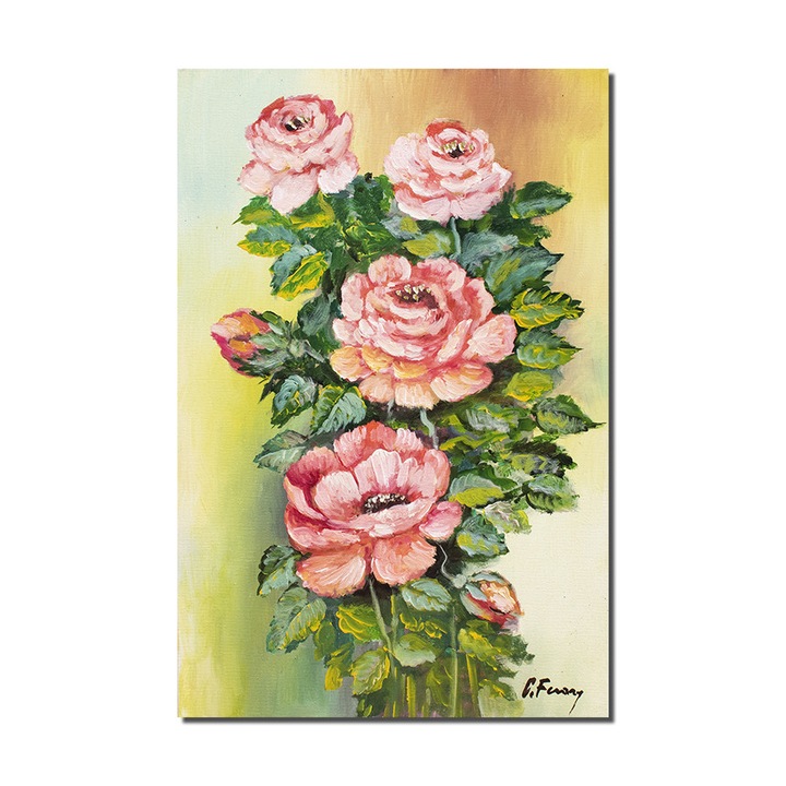 Tablou pictat manual living, dormitor, hol, Trandafiri regali, 60x40cm ulei pe panza, gata de agatat pe perete