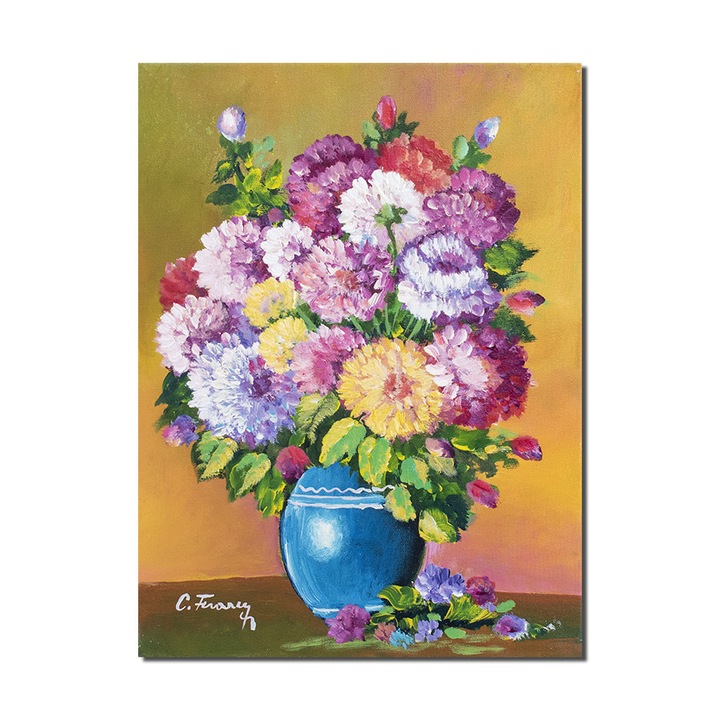 Tablou pictat manual hol, living, dormitor, Vaza cu bujori, 40x30cm ulei pe panza, gata de agatat pe perete