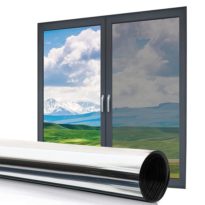 Öntapadó tükörfólia ablakokhoz és ajtókhoz, fényerőszabályzó funkcióval, UV védelemmel, teljes magánéletet biztosít, alkalmas otthonokba és irodákba, üzletekbe, könnyen felhelyezhető üvegfelületre, 200 x 60 cm - Privacyfoil