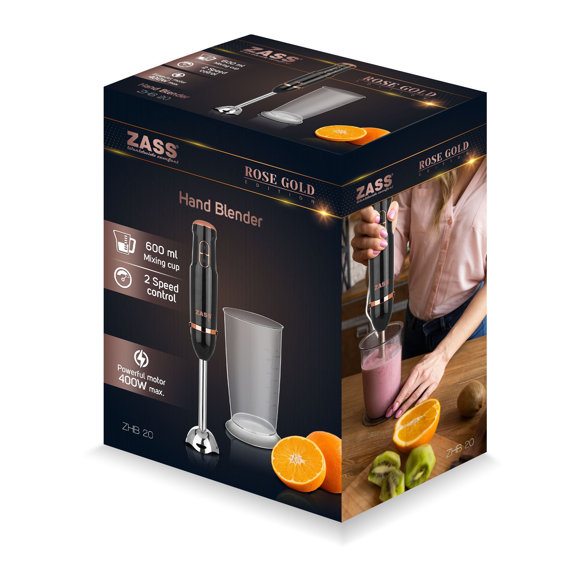 Blender de mana Zass ZHB 20 Rose Gold, 400 W, 2 Trepte de viteza