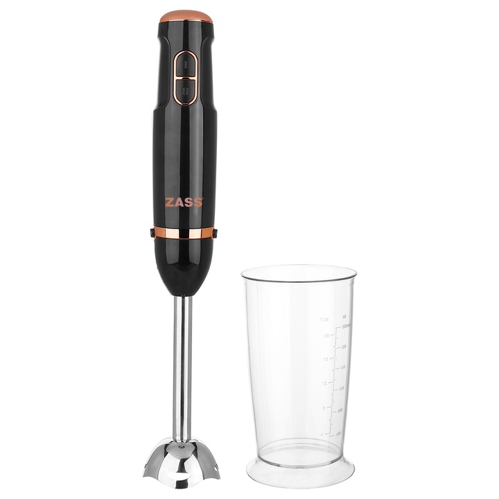 Blender de mana Zass ZHB 20 Rose Gold, 400 W, 2 Trepte de viteza, Cana transparenta de 600 ml, Negru