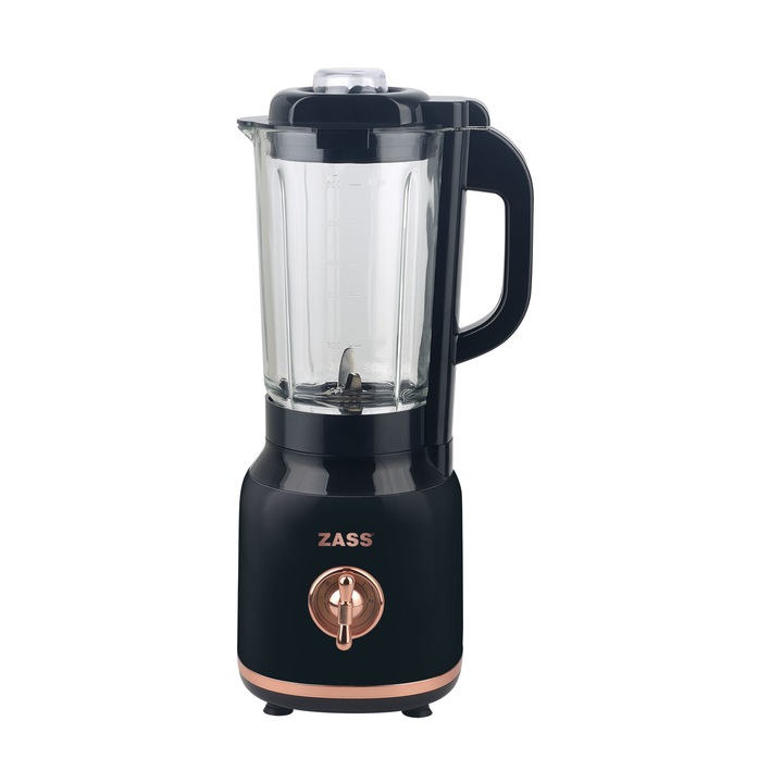 Настолен блендер Zass ZSB 20 Rose Gold, 600 W, 1.5 L, Градуирана стъклена чаша, 2 Нива, Импулсна функция, Черен