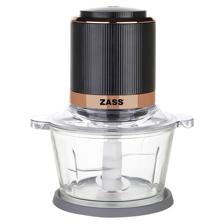 Chopper Tocator Zass ZCH 20 Rose Gold, 400 W, Capacitate de 1500 ml, Cutit cu 4 lame din otel inoxidabil, Bol sticla, Negru