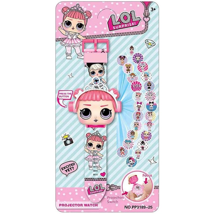 Ceas de mana digital 3D surpriza LOL Dolls pentru copii, ERAKIDS, cu proiectie, 3 ani+, 3x23cm, Multicolor