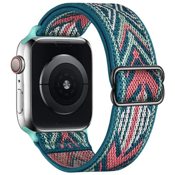 Curea Elastica din Nylon, Compatibila cu Apple Watch, Ajustabila, Bohemia Verde cu Model, 42/44/45/49mm