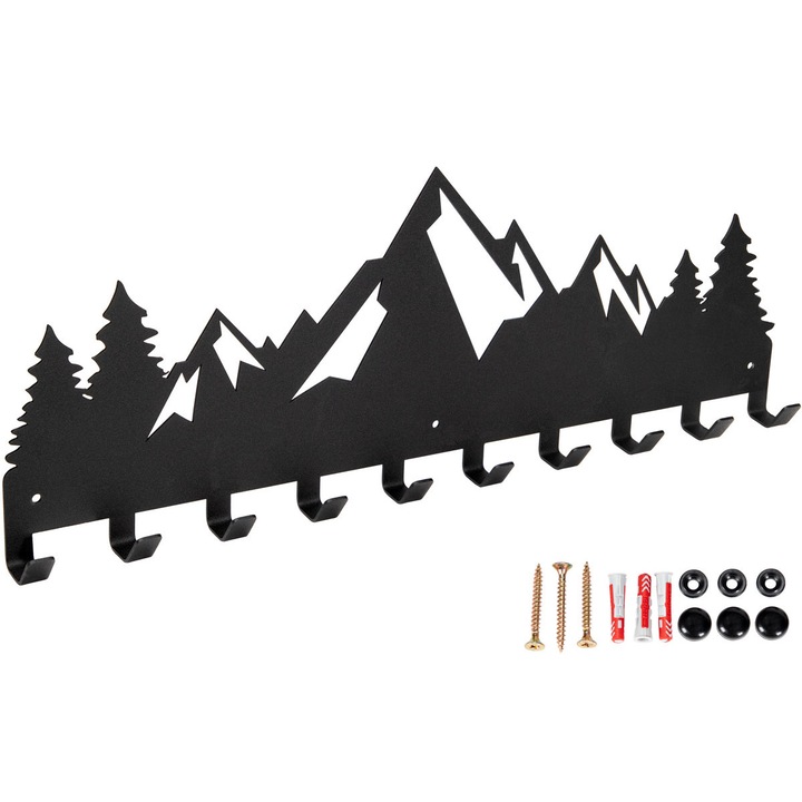 Cuier pentru haine si chei, Model Munti, Metal, Negru