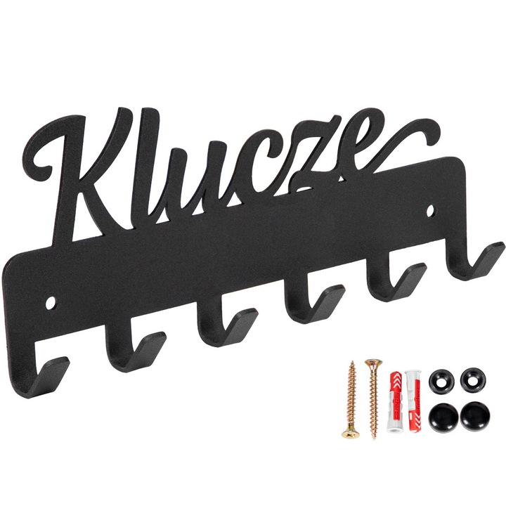 Cuier din metal, negru mat, 21x9,5x2,5cm, 6 carlige, montare pe perete