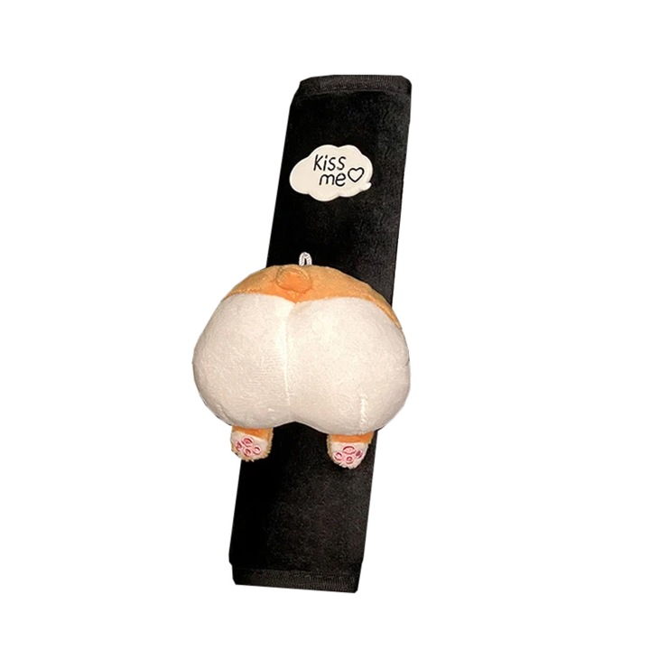 Husa de protectie pentru centura de siguranta auto, pentru copii, model lumea animalelor, din material textil, prindere cu scai velcro, fundulet grasan de caine corgi, negru cu bej, EFAYN