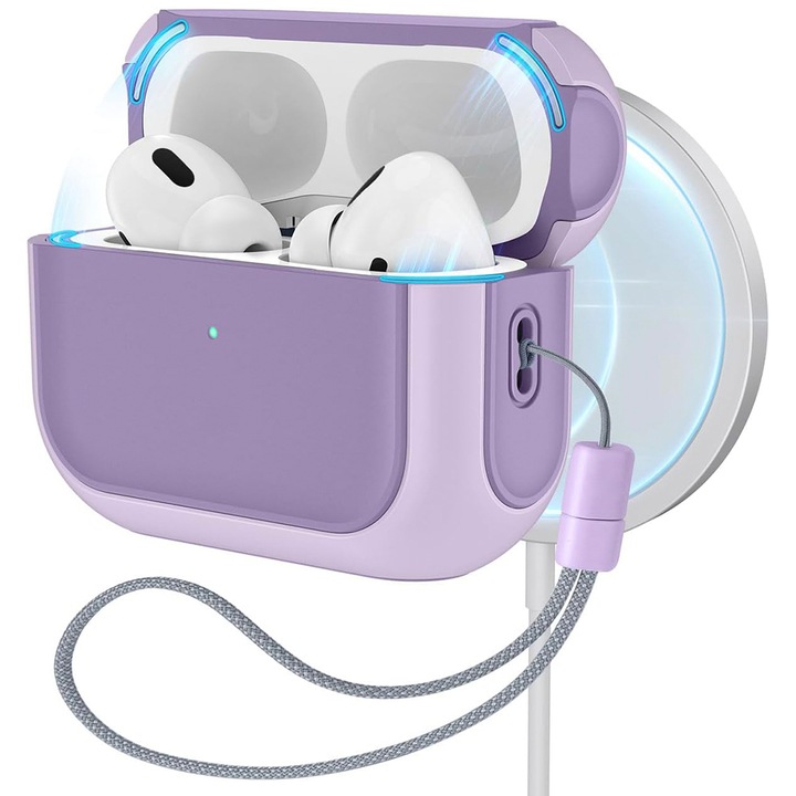 Apple AirPods Pro 1-gyel kompatibilis védőtok, FONIX Sport Body pántos tok, beépített kábel, mágnesezett, kompatibilis a MagSafe töltéssel, lila
