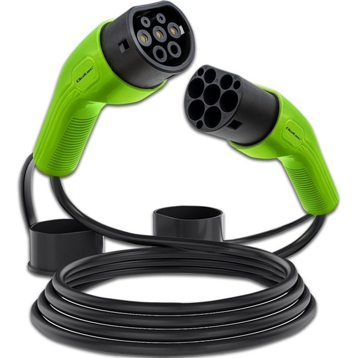 Cablu incarcare masini electrice, Qoltec, Type 2, 230V, 7kw, 32A, 5m, Negru/Verde