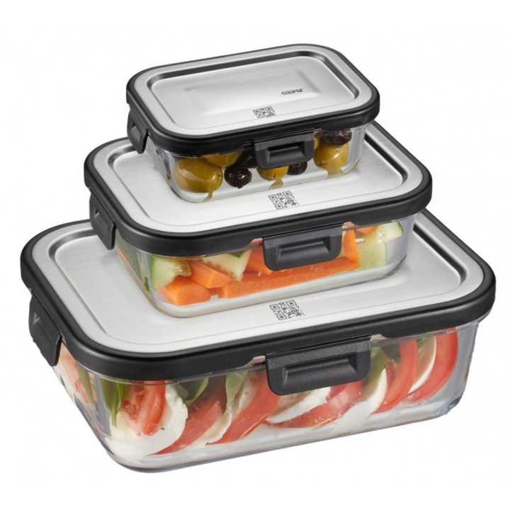 Set 3 cutii alimentare MILO G-12799, Gefu, Argintiu/Transparent , Sticla/Inox/Silicon