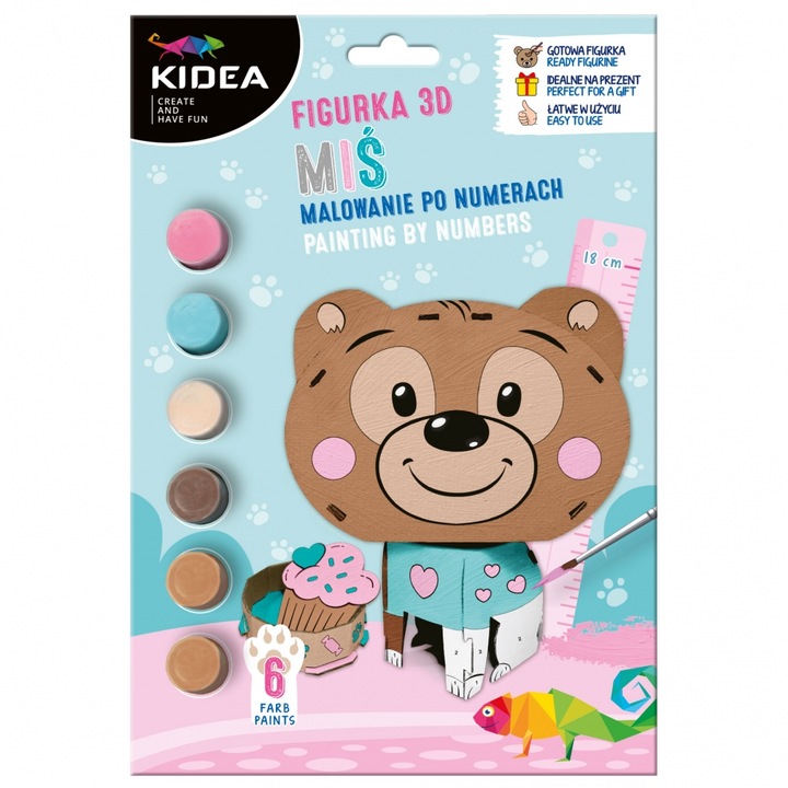 Комплект за рисуване по номера, 3D фигура на мечка, 6 цвята, Kidea