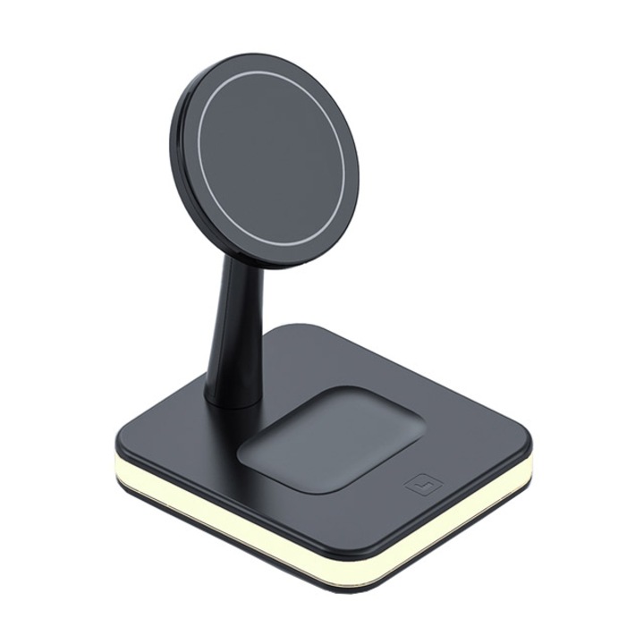 Suport 2 in 1 Incarcare Wireless, Veioza, Magnetic, USB, Negru