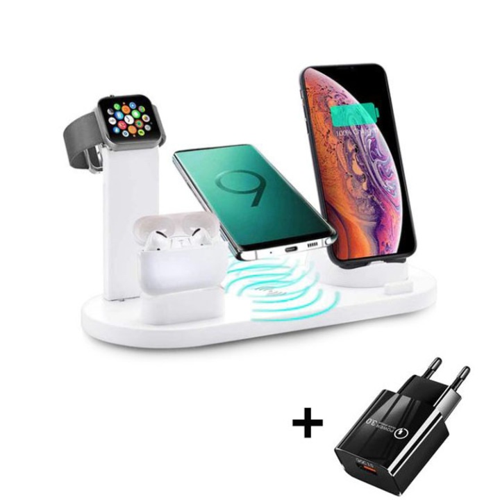 Suport de incarcare 4 in 1, Kephe, Wireless Charging, 6 Conectori, Universal, Alb