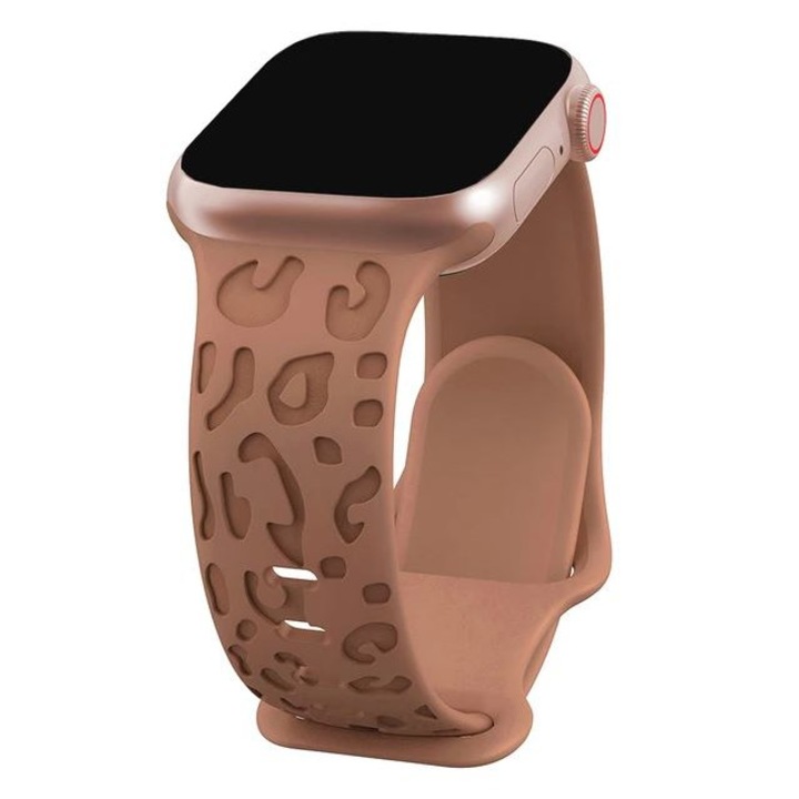 Curea Animal Print, Silicon, Compatibila cu Apple Watch, Ajustabila, Gravata, Maro, 38/40/41 mm