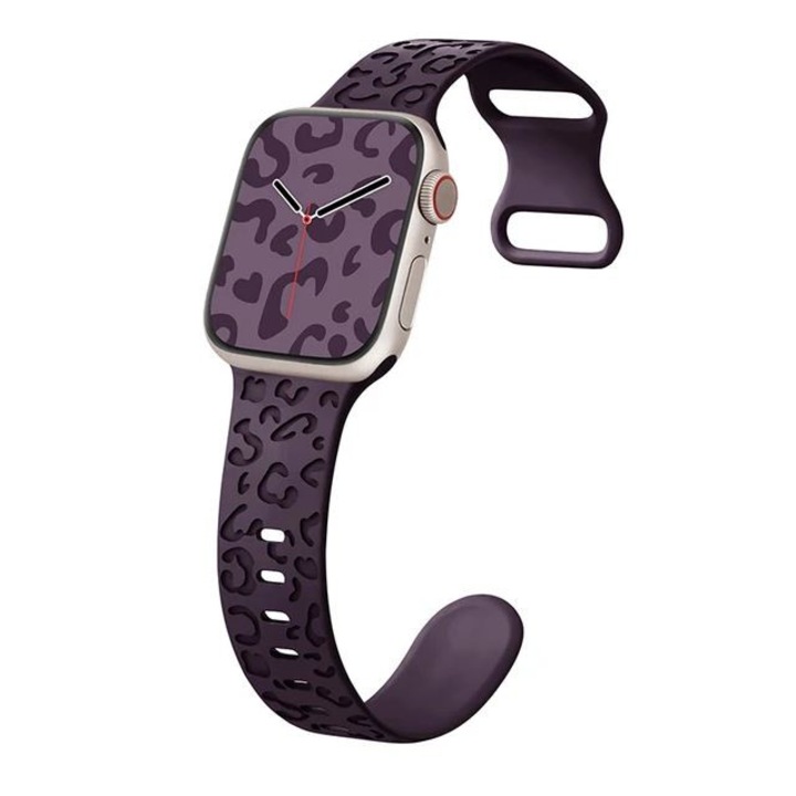Curea Animal Print, Silicon, Compatibila cu Apple Watch, Ajustabila, Gravata, Mov inchis, 38/40/41 mm