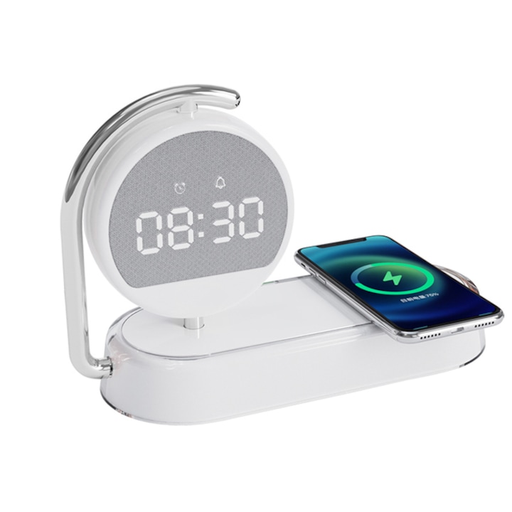 Ceas Noptiera 4 in 1, Smart Time K01T, Incarcare wireless, Veioza, Alarma, Alb