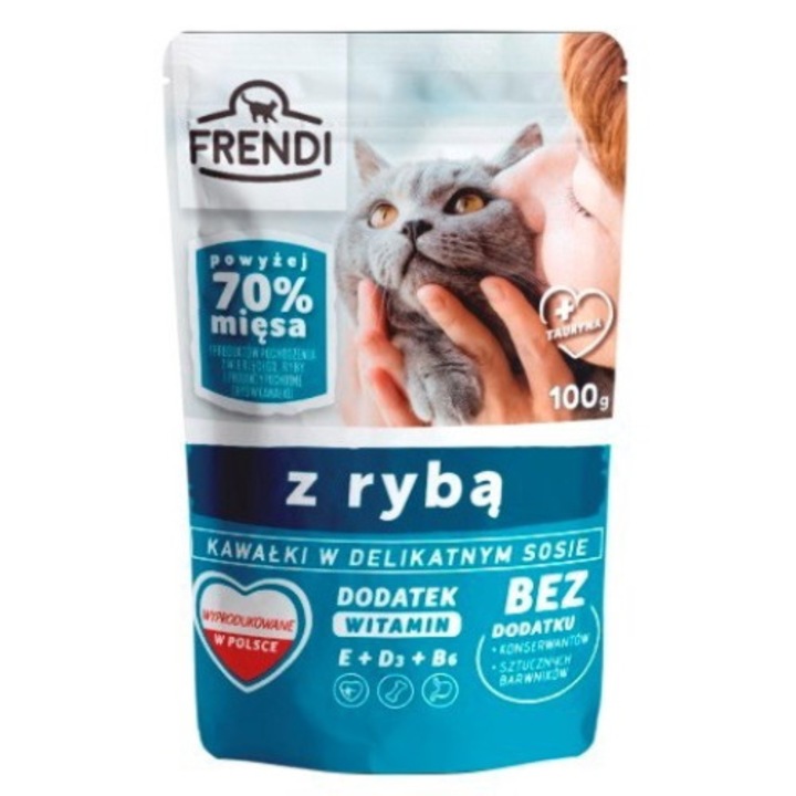 Hrana pentru pisici, Frendi, bucati in sos de peste, somon, 100g