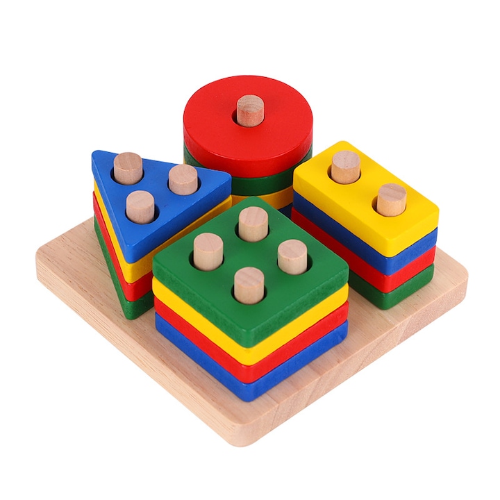 Монтесори дървени играчки, детско образование, 4 цвята, 4 геометрични фигури, 16 части, 2 години+