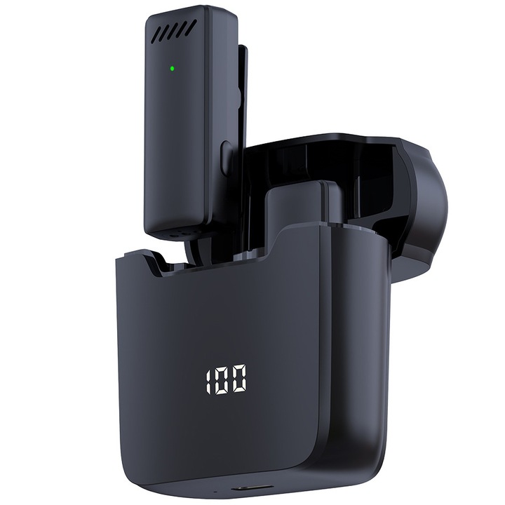 Lavalier микрофон Type C, Sundiguer, Plug & Play, С приемник, Цифров дисплей, 2.4GHz, 350 mAh, 26DB, 64DBM, 20m, Черен мат