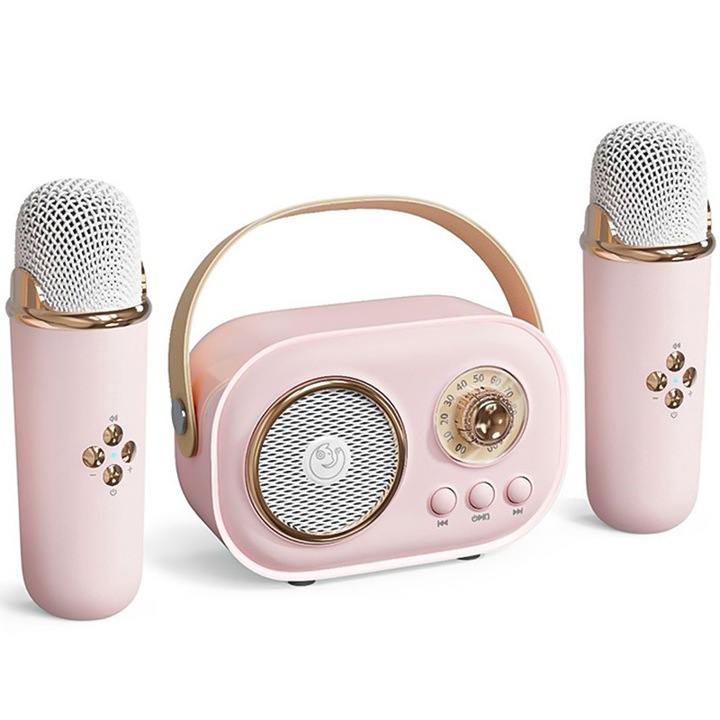 Okos karaoke mikrofon gyerekeknek és felnőtteknek, Vaxiuja, Wireless BT5.0, 2 mikrofon, C20 Plus, hordozható, MP3 lejátszó, microSD kártya, Pink