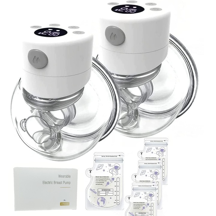 Комплект от 2 преносими електрически помпи за кърма и 30 торбички за мляко, Gonice, презареждащи се, 2 режима, 9 нива, LCD дисплей, бял