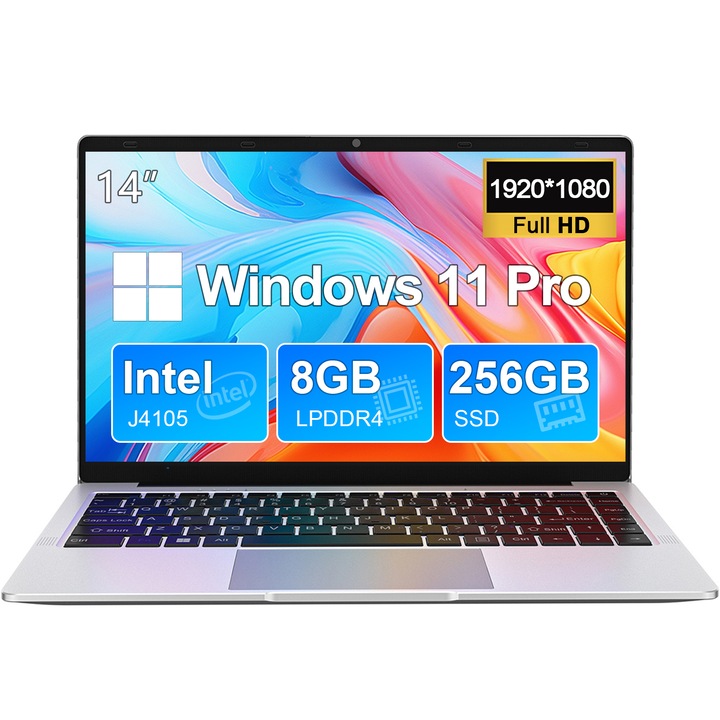 Laptop 14" cu procesor Intel® Celeron® J4105, Windows 11 Pro, 8GB RAM, 256GB SSD, 1920*1080 Full HD, Intel® UHD Graphics 600, Argintiu