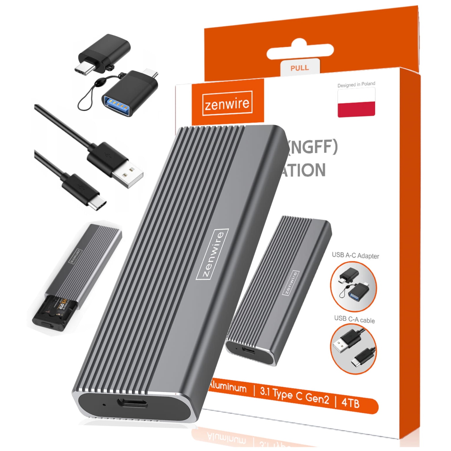 Carcasa SSD M.2 SATA, Zenwire® M2818S, NGFF, 2in1 USB-C si USB 3.0