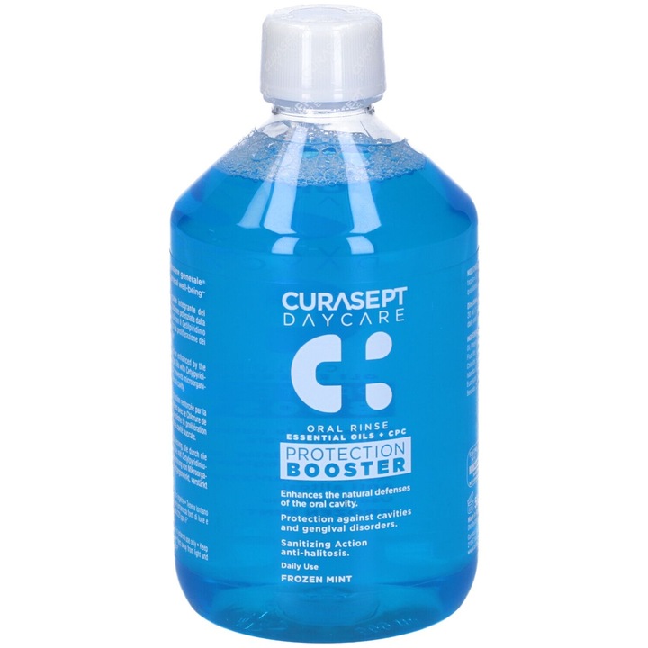 Szájvíz, Curasept, Daycare Booster, fagyasztott menta, CPC-vel, szájhigiéniára, fluoriddal, alkoholmentes, 500 ml
