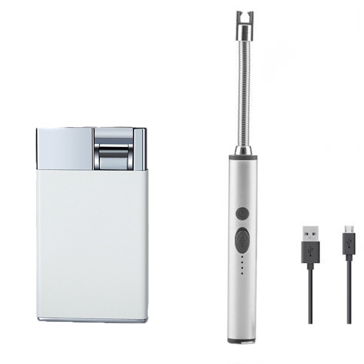 Set bricheta fosforescenta pe gaz, alb, aprinzator electric, aragaz, gratar, lumanari, semineu, reincarcabila