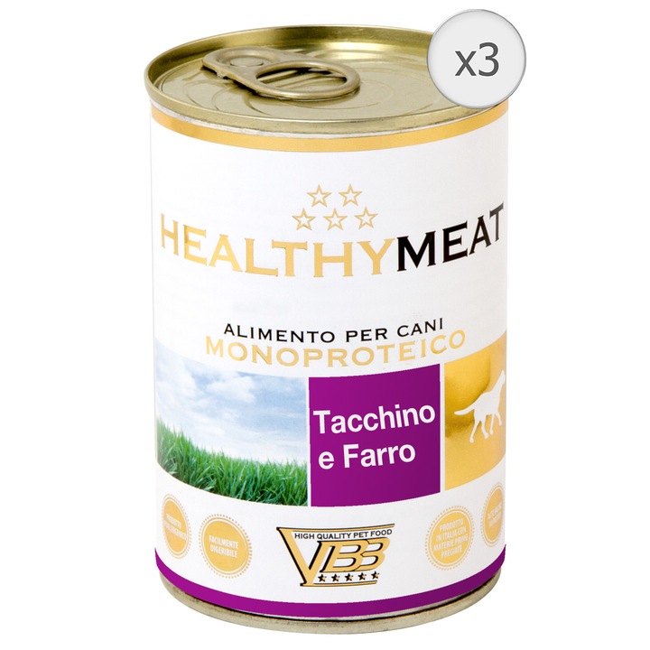 Мокра храна за възрастни кучета HealthyMeat Monoprotein pate, Пуешко и зърнени храни, 3 x 400 гр