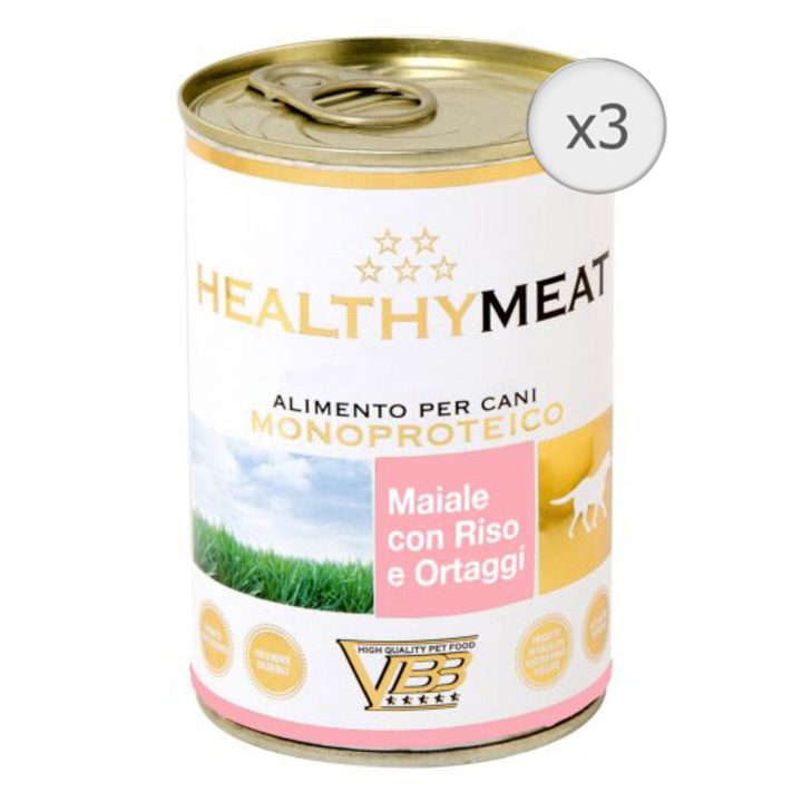 Мокра храна за възрастни кучета HealthyMeat, Монопротеинов пастет, свинско и зеленчуци, 3 х 400 гр