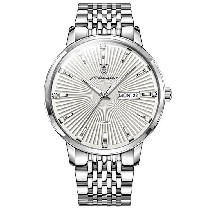 Delis férfi karóra, Poedagar CS1412, rozsdamentes acél, ezüst, fehér számlap