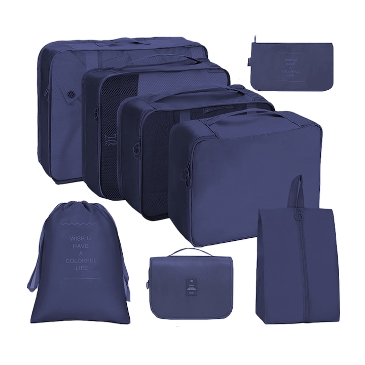 Комплект от 8 органайзера за пътуване Teno®, различни размери, 3 мрежести чанти, 1 чанта за бельо, чанта за козметика, чанта за мръсни дрехи, затваряне с двоен цип, мрежа, тъмно син