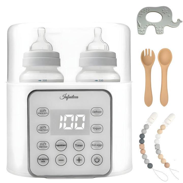 Нагревател за стерилизиращи бутилки Infiniteea™, електрически, мултифункционален 6 в 1, бързо приготвя мляко и храна, размразява, вари яйца, поддържа температура 24 часа, таймер, верижка за залъгалка, играчка за зъби, лъжица, вилица, включени, бял