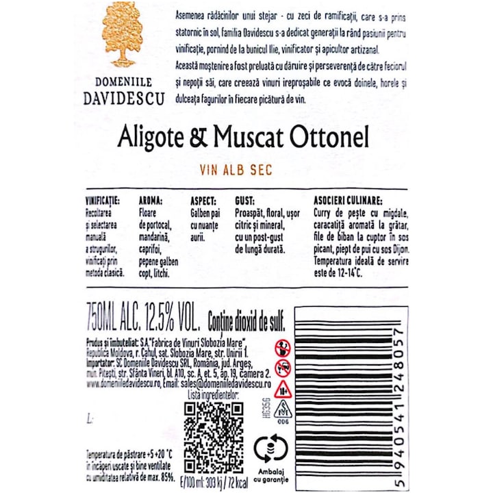 Vin Alb Domeniile Davidescu, Aligote & Muscat Ottonel, Sec, 0.75L