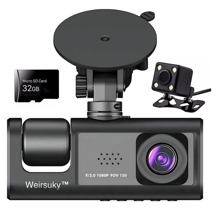 Camera tripla auto de bord Weirsuky™, Full HD 1080P, 3 Lentile, Card memorie 32GB, Unghi inregistrare 170°, IPS Display 2", Night Vision, Inregistrare Dubla, Loop Recording, G-sensor, Detectare Miscare, Negru