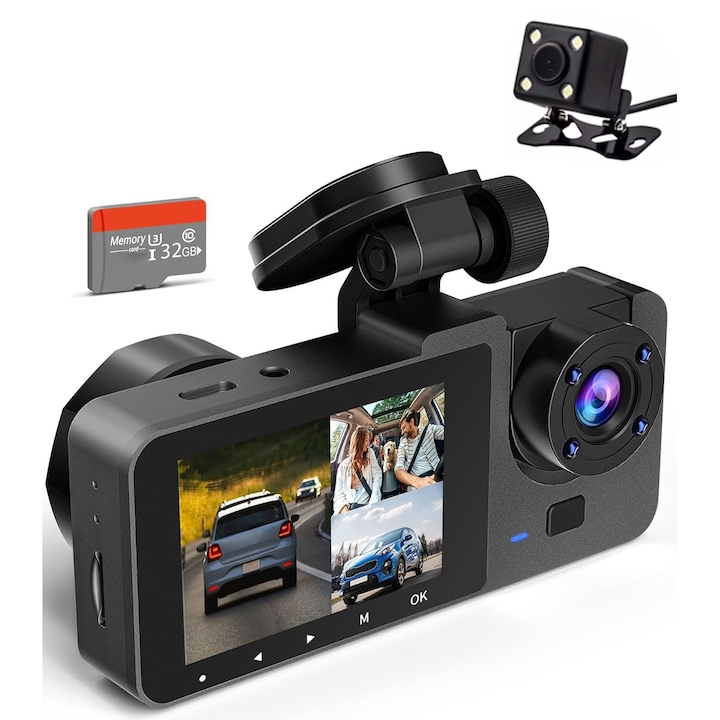 Двойна DVR камера за кола, Weirsuky™, Full HD 1080P, 4K, 3 лещи, нощно виждане, двоен запис, цикличен запис, 170° ултрашироко зрително поле, детекция на движение, 32GB карта с памет, вътрешна камера и камера за заден ход са включени