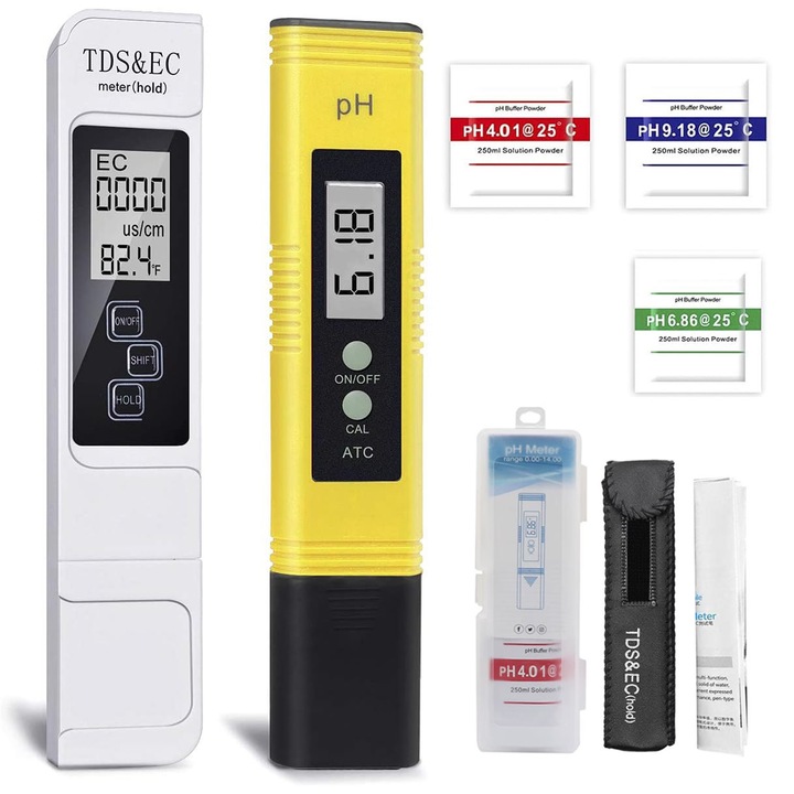Комплект от 2 тестера за качество на питейната вода, weirsuky™, 4 в 1, високопрецизна цифрова проверка на pH и TDS, чистота/температура, киселинност/алкалност, жълто/бяло, ехо