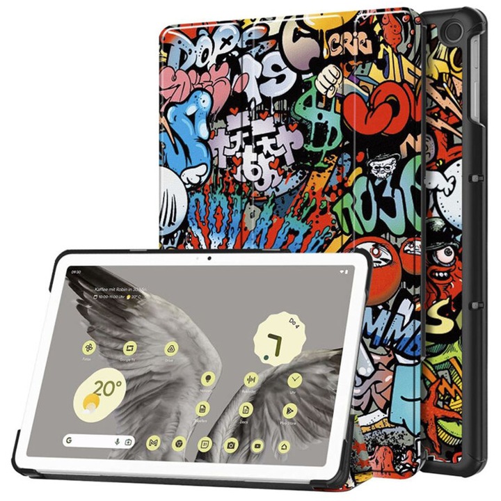 Védőburkolatú felhajtható borítás táblagéphez, amely kompatibilis a Google Pixel Tablettel, FoldPro, állvány típusú, ökológiai bőr, Urban Vibe, Multicolor