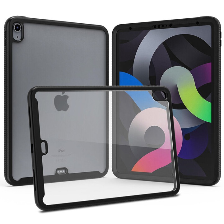 Защитен калъф Defense360 за таблет, съвместим с Apple iPad Air 4/iPad Air 5 2020/2022, подсилени ръбове, включено защитно фолио, TPU, Черен/прозрачен